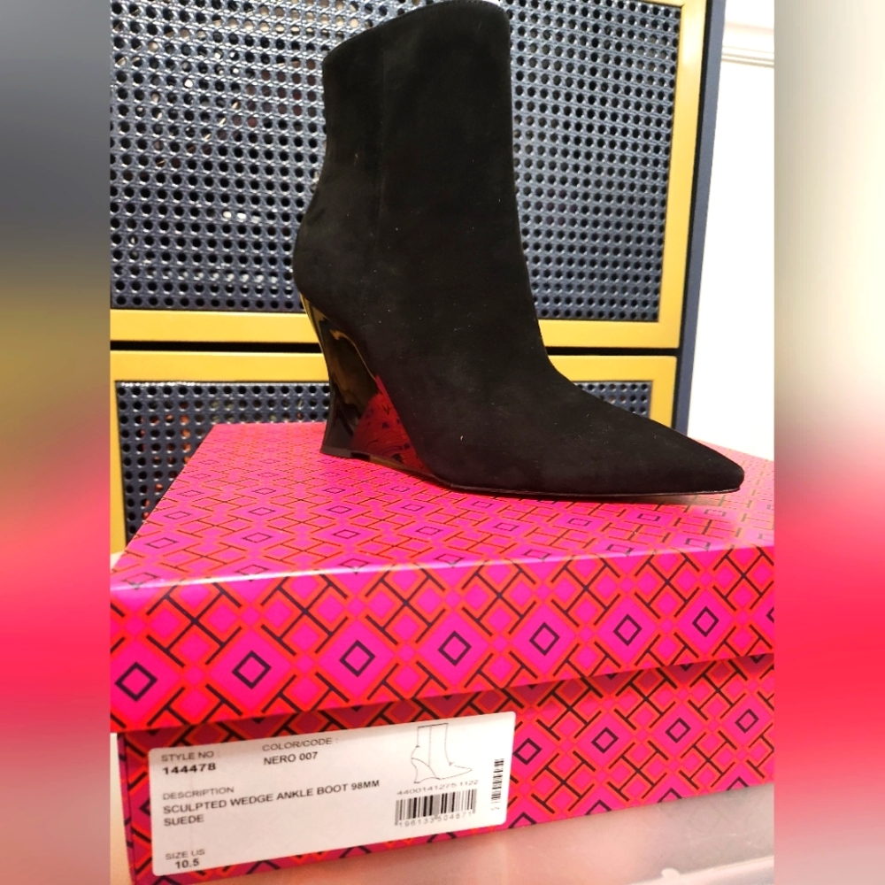 Tory Burch Sculpted Black Suede Wedge Ankle Boot | Size:10.5